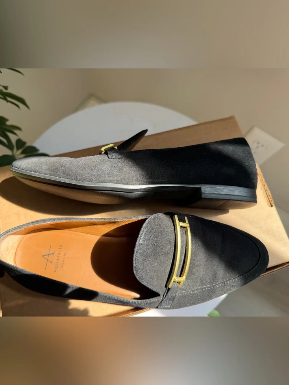 Aquatalia Black Suede Loafers with Gold Accent